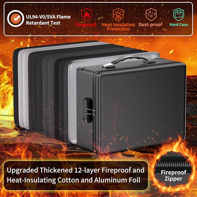 DocSafe Fireproof Document Box with Lock - 12 Layers Heat Insulated, Black | File Organizer Hard Case Safe Box with Fireproof Zipper, Home Safe Protects Important Documents, Passport, Cash