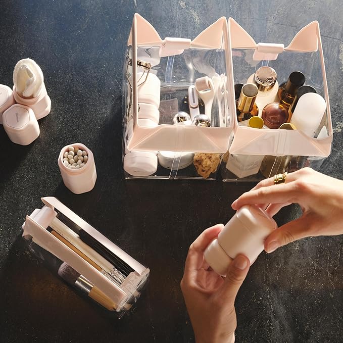 Cadence Travel Containers - Core Skincare Set - Magnetic Containers with Lids,2 Small (0.56oz) & 3 Medium (1.32oz) - Cleanser, Moisturizer, Serum, Makeup Remover & Sun Icon Labels - Petal