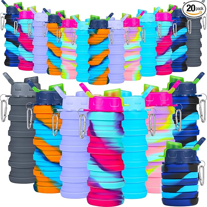 Sunnyray 20 Pack Collapsible Water Bottles Bulk Foldable Water Bottles 17oz Silicone Portable Leak Proof Reusable Sports with Clip for Travel Hiking Camping Outdoor (Camouflage)