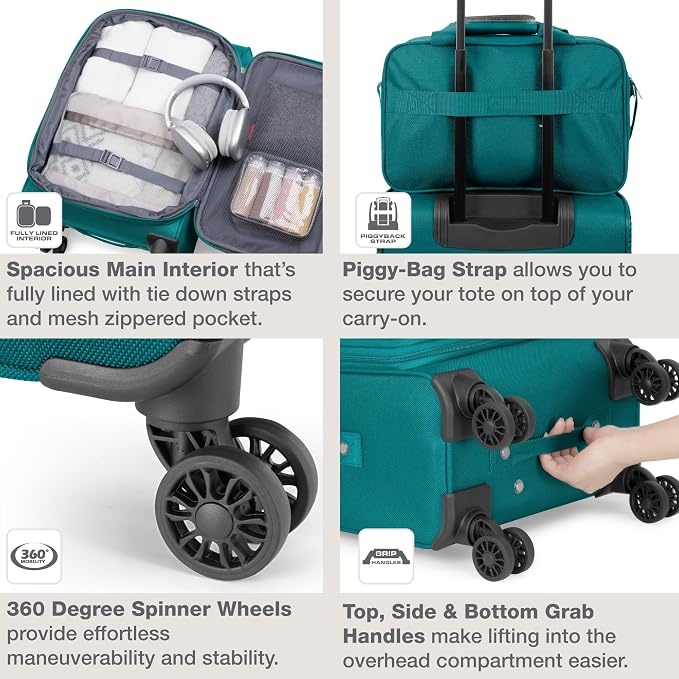 U.S. Traveler Rio Lightweight Softside Rolling Carry-on Suitcase, 4-Wheel Set, Teal