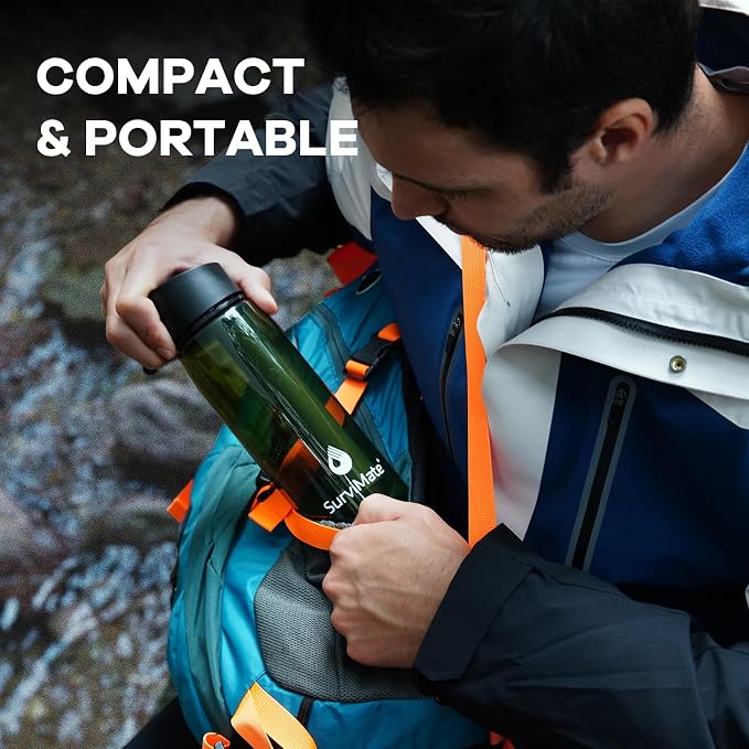 Survimate 5-Stage 0.01μm Ultra-Filtration Filtered Water Bottle, BPA-Free Material, NSF/ANSI 42 Certified, Portable Water Filter Bottle for Survival, Camping, Hiking, and Emergency Use