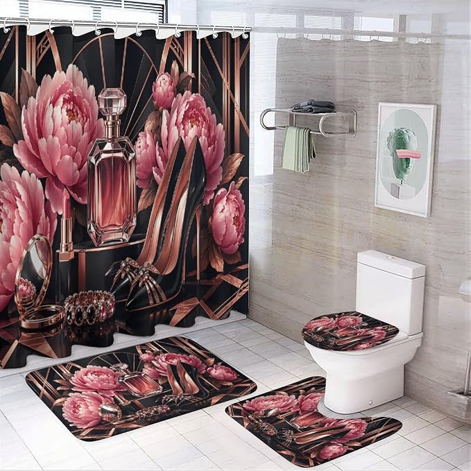 Floral Perfume Heels Jewelry Bathroom Rug Set 4 Piece with Shower Curtain Non Slip Bath Mat Set Microfiber Bathroom Decor Toilet Lid Cover U Shape Rug Waterproof Bathroom Accessories