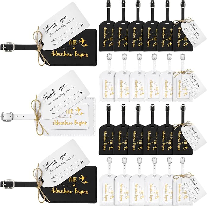Sweetude 48 Sets Bulk Luggage Tags Wedding Favors and So The Adventure Begins Leather Luggage Tags for Suitcases with Name Card for Travel Themed Bridal Shower Graduation Party Favor(Black, White)