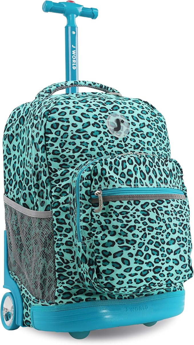 J World Sunrise Kids Rolling Backpack for Girls Boys. Roller Bookbag With Wheels For School, Mint Leopard