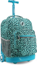 J World Sunrise Kids Rolling Backpack for Girls Boys. Roller Bookbag With Wheels For School, Mint Leopard