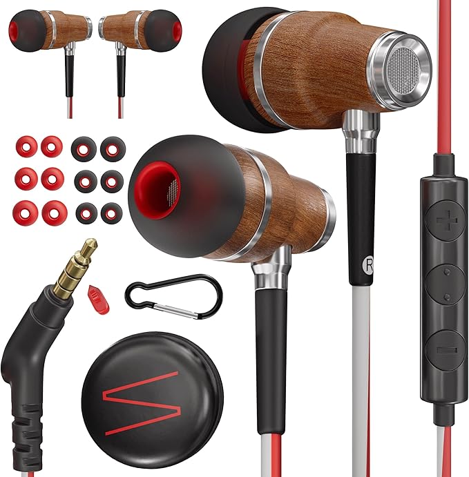 Symphonized Wired Earbuds 3.5mm Jack – Wooden Earphones with Mic & Volume Control, Plug In Ear Headphones Wire, Corded Ear Buds Wired Earbuds with Microphone for Computer, Laptop & Phone with Aux Cord