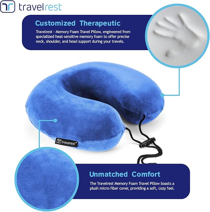travelrest Neck Pillow Travel Essential - Memory Foam, Washable Micro-Fiber Cover Pillow, Soft and Comfortable Head Support for Long Flights, Compact, Attaches to Luggage, Airplanes, Cars, Bus - Blue