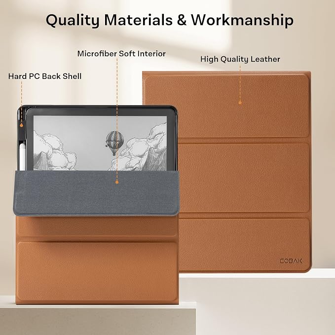 CoBak Case for 11" Kindle Scribe 3rd Generation 2025, Kindle Scribe Colorsoft with Two Viewing Angles - All New PU Leather Cover with Auto Sleep Wake, Pen Holder. Brown