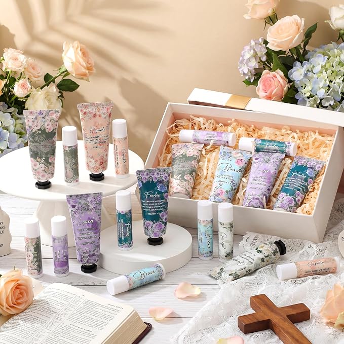 Loopeer 18 Sets Graduation Christian Hand Cream and Lip Balm Gift Set Christian Gift Bulk for Women Mothers Day Gifts for Church Travel Size Hand Lotion Bible Verse Lip Balm Bulk for Bridal Mom