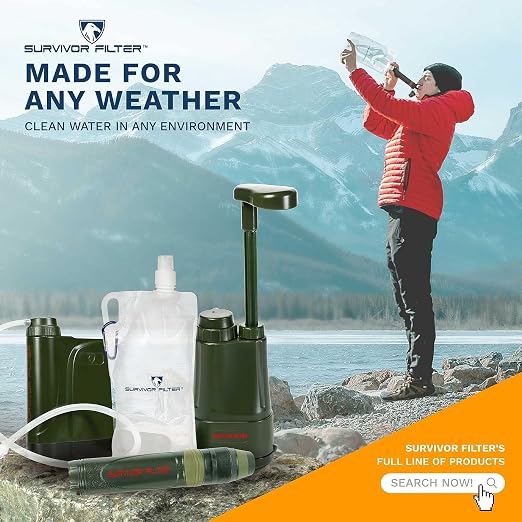 Survivor Filter Squeeze Kit – Emergency Water Filter Straw with 2 Collapsible 33.8 fl oz Bottles – USA-Tested – 0.05 Micron Filtration – Portable Water Filtration for Emergency Prep, Camping & Hiking