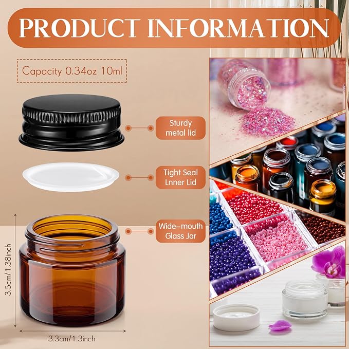 Domensi 60 Pcs 1oz Glass Jars with Lids Bulk Small Glass Salve Tins Cream Container Cosmetic Jars for Travel Balm with Inner Liners for Sample Cream (Amber,Black Lid,Metal Lid)