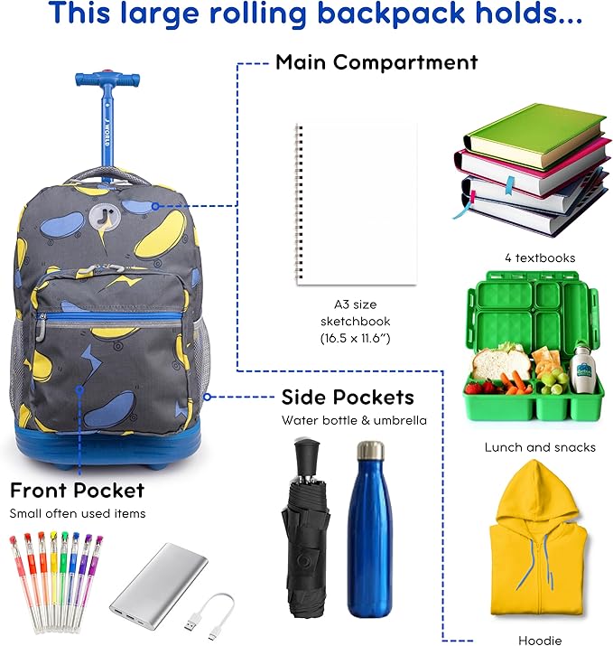 J World Sunrise Kids Rolling Backpack for Boys Girls. Roller Bookbag With Wheels For School, Liteboard