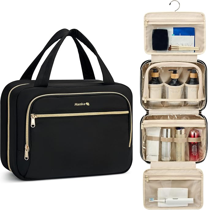 Hanke Hanging Travel Toiletry Bag for Women, Water-Resistant Makeup Organizer with Hook, Cosmetic Bag for Bathroom & Travel Essentials Accessories, Black