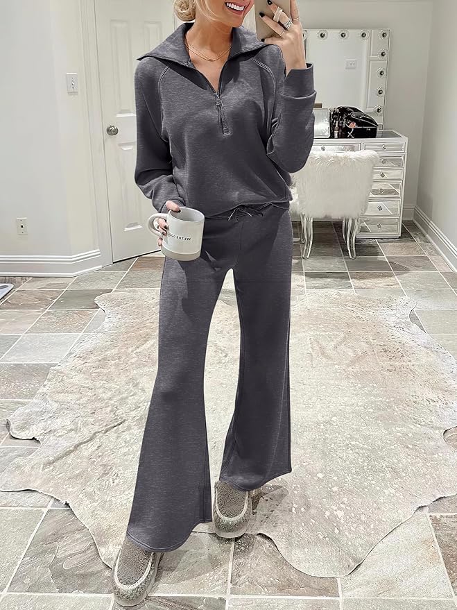 ANRABESS Women’s 2 Piece Outfits Half Zip Sweatshirt & Wide Leg Pants Airport Travel Lounge Matching Sets Sweatsuits Clothing