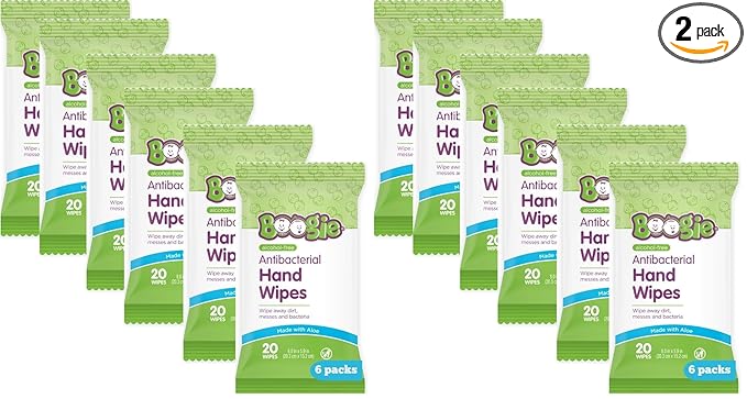 Antibacterial Hand Wipes by Boogie, Alcohol Free, Hypoallergenic and Moisturizing Aloe, Hand Wipes for Kids and Adults, 12 Packs of 20 (120 total wipes)