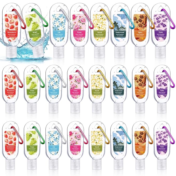 24 Pack Scented Hand Sanitizers Keychain Gift Flower Scented Mini Hand Sanitizer Bulk 1 oz Travel Size Set Thank You Gift for Teacher Nurses Team Doctors Coworker Back to School Party Supplies