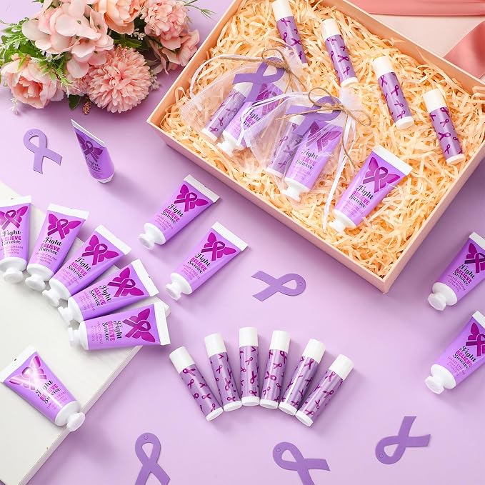 50 Set Purple Ribbon Awareness Gifts Bulk Woman Purple Ribbon 50 Lip Balm 50 Hand Cream 50 Bag 50 Tag for Domestic Violence Awareness Lupus Epilepsy Pancreatic Cancer Party