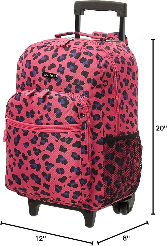Rockland Double Handle 17" Rolling Backpack, Magenta Leopard