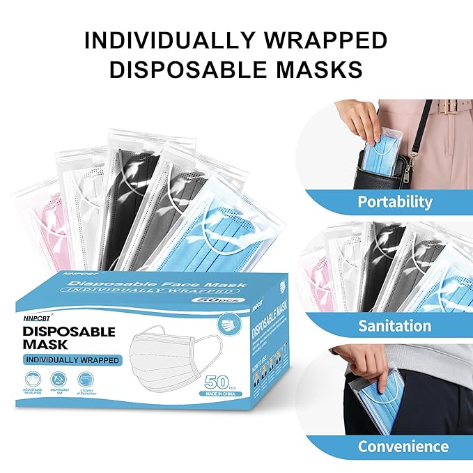 NNPCBT 5 Color Disposable Face Masks 50pcs, Individually Wrapped Masks for Adults, 3-Ply Breathable Disposable Mask For Outdoors, Home, Office, School