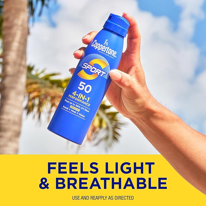 Coppertone Sport Sunscreen Spray SPF 50, Sweat, Heat and Water Resistant Sunblock, Lightweight, Oxybenzone Free, Spray Sunscreen Bulk Pack, 5.5 Oz Bottle, Pack of 3