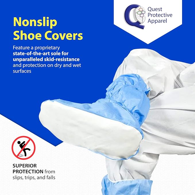 Quest Traction Disposable Boot & Shoe Covers 18" Tall – Non-Slip, Water-Resistant Protective Overshoes, Blue, X-Large, 50 Pairs for Cleanroom, Medical & Industrial Use