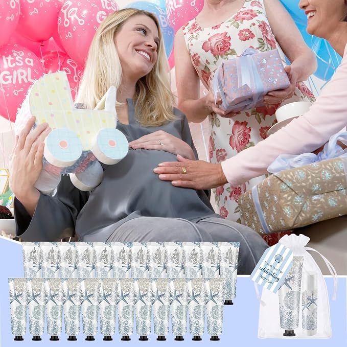 Loopeer 50 Set / 200 Pcs Coastal Baby Shower Favor Bulk Hand Cream Party Favors Beach Ocean Seashell Themed Hand Cream Lip Balm with Thank You Cards Organza Bags Appreciation Gifts for Summer Supplies