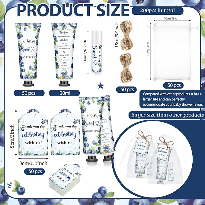 50 Sets 200 Pcs Blueberry Baby Shower Gifts Bulk Hand Lotion and Lip Balm Party Favors a Berry Sweet Is on the Way Theme Travel Size Hand Lotion and Lip Balm with Organza Bags Tags