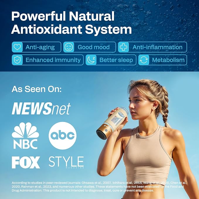 Hydrogen Water Bottle | Large 16.2 oz (480 ml) Hydrogen Water Bottle Generator 3000 ppb | Hydrogenator Machine | SPE/PEM Hydrogenated Ionizer Generator(Golden w/Beige)