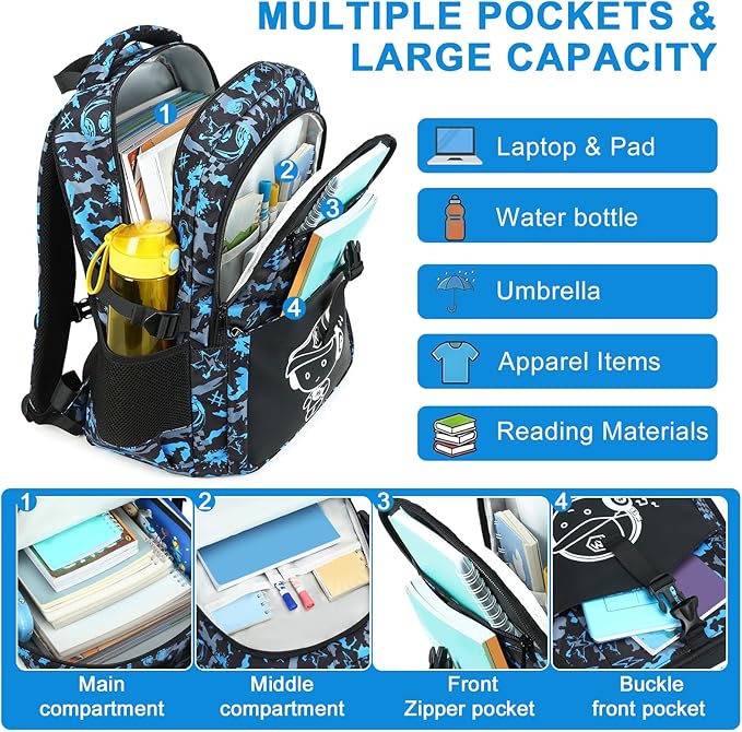 Bluboon Boys School Backpack, Lightweight Kids Bookbag for Elementary and Middle School, Water-Resistant Student Backpack Fits 15.6 Inch Laptop, Chest Strap, Multiple Pockets