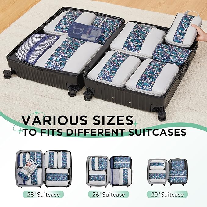 10 Set Compression Packing Cubes for Travel Essentials,Compressible Expandable Packing Cubes for Suitcase,OlarHike Luggage Garment Bags for Travel,Handy Helper for Organizing Clothes(Dark Blue Floral)