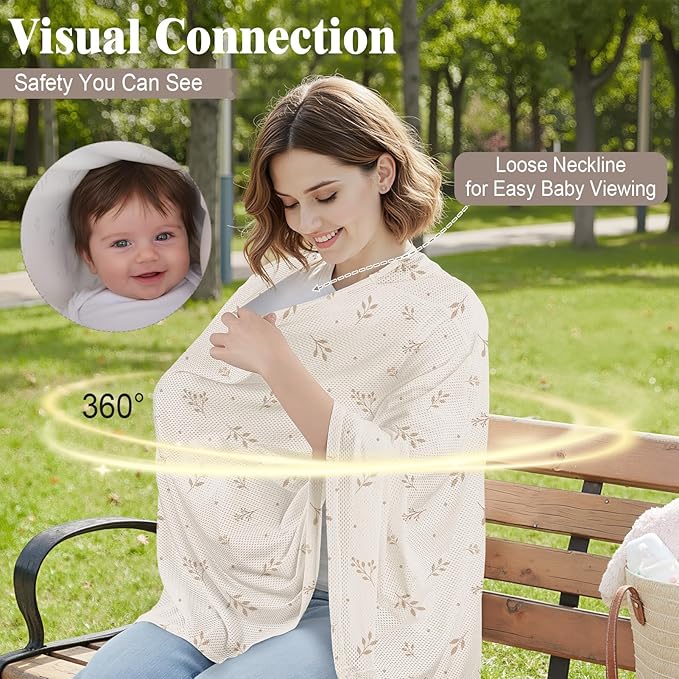 Basumee Nursing Cover for Breastfeeding Breathable Mesh 360 Full Privacy Nursing Wrap Multi-Use Breast Feeding Covers for Women Moms Feeding Essentials, Beige Branches, 1 Pack