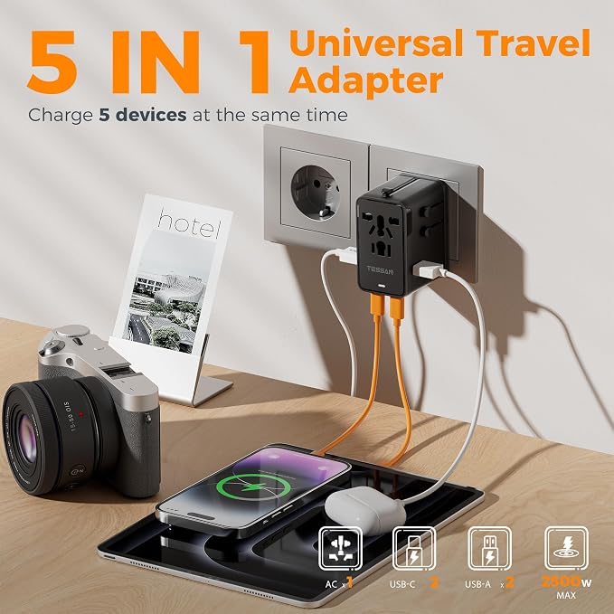 TESSAN Universal Travel Adapter, 65W International Power Adapter with 4 USB Charging Ports (2 USB C), Worldwide Plug Adaptor for US to Europe UK Italy Spain France Ireland Australia (Type C G A I)