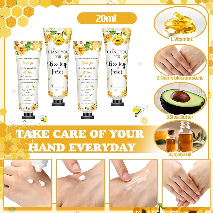 50 Sets 200 Pcs Baby Shower Hand Lotion and Lip Balm Gift Theme Baby Shower Party Favors Travel Size Hand Lotion and Lip Balm Bulk with Organza Bags Tags(50 Pcs,Bee)
