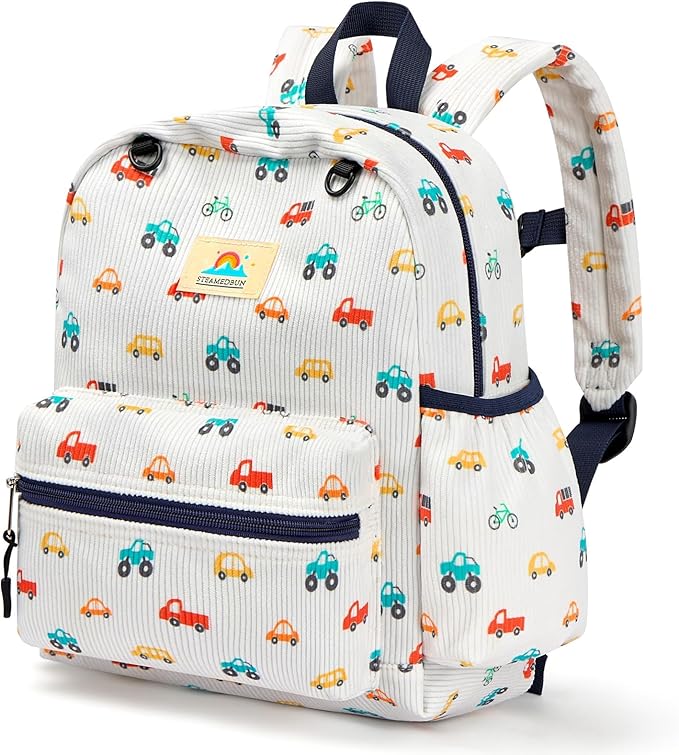 STEAMEDBUN Corduroy Toddler Backpack for Boys 2-4: Kids backpack for Boys Girls - 12 inch Preschool Kindergarten Backpacks - Car