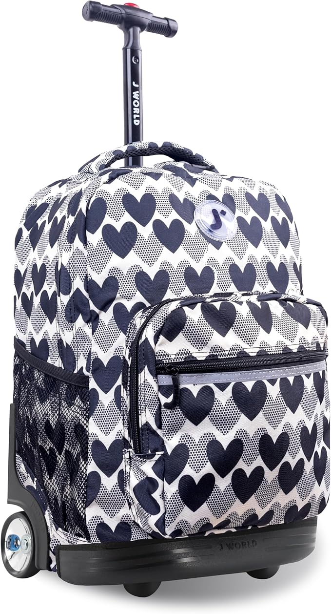 J World Sunrise Rolling Backpack. Roller Bag with Wheels, Heart Dot