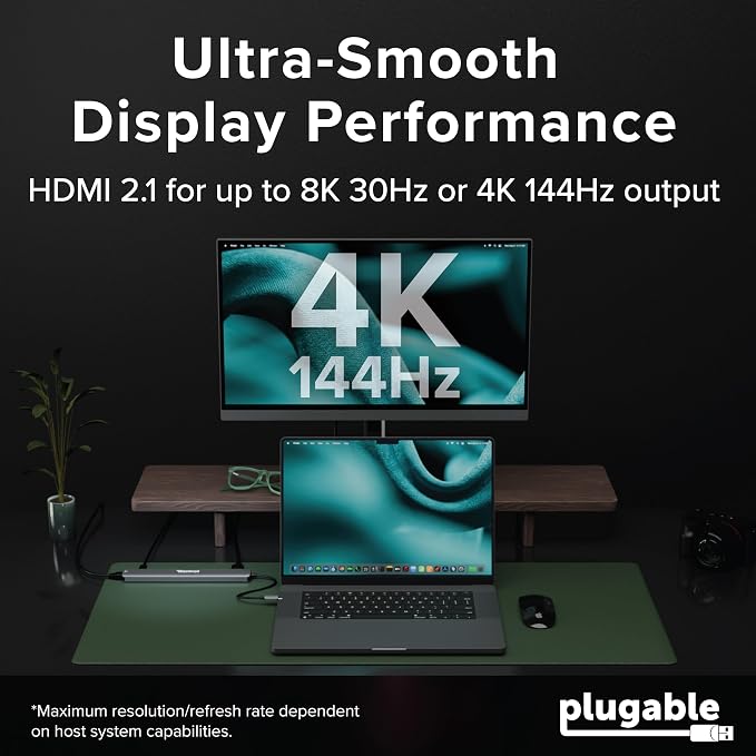 Plugable USB C Hub: 10-in-1 Multiport Adapter (8K/4K 144Hz HDMI 2.1, 2.5G Ethernet, 140W Charging, 10Gbps Data) Driverless IT Deployment for MacBook Pro/Air Windows Thunderbolt Chromebook, USBC-10IN1E