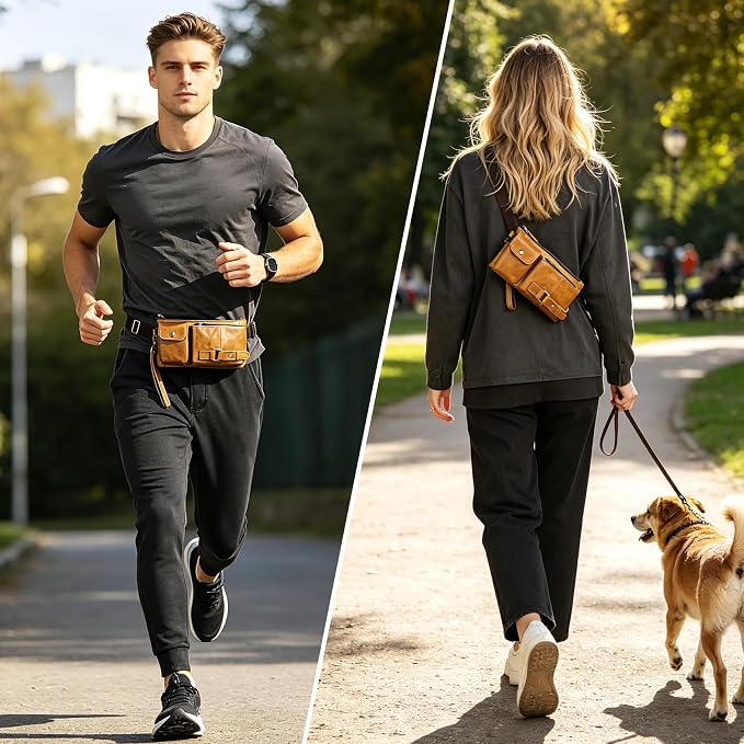 Water Resistant Canvas + Leather Hiking Riding Travel Fanny Waist Pack Small Phone Pouch For Men Women FB811-29 (100% Leather-The 8135 Light Brown)