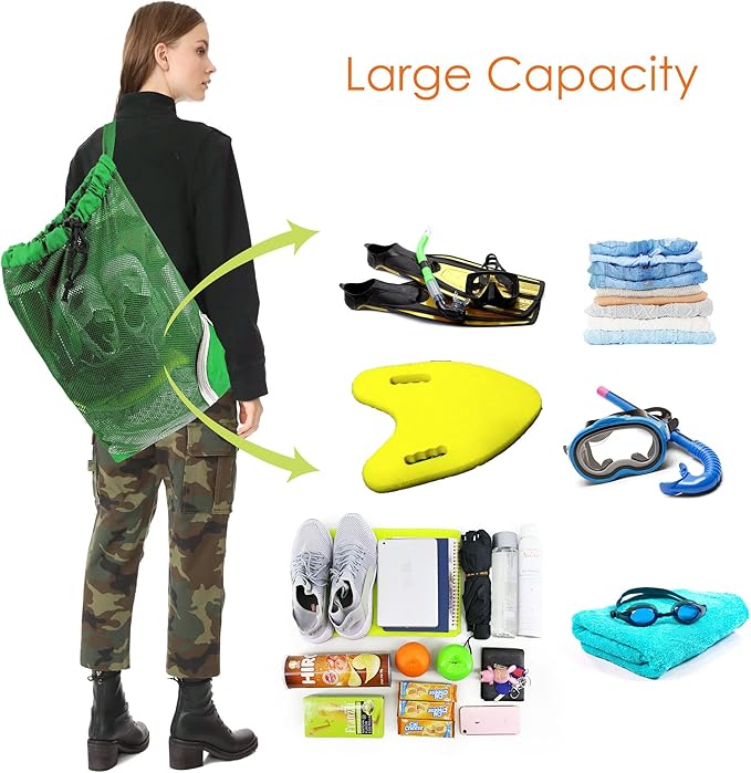 BeeGreen Mesh Drawstring Bag Swim Backpack for Beach Pool Sports Gym Draw String Cinch Bags for Swimming Soccer Basketball Gear Green