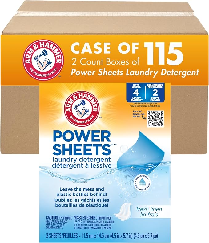 Arm & Hammer Fresh Linen Laundry detergent Sheets, Case of 115, travel pack