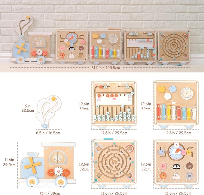 Pillowhale Train Activity Wall Busy Board, Wooden Montessori Sensory Toys, 12-in-1 Learning Activity Center for Playroom,Daycare, Nursery, Classroom, Educational Toys for Toddler