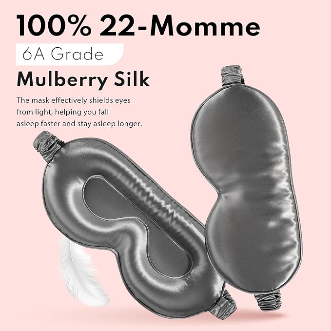 Blissy Silk Sleep Mask Profile - 100% Pure Mulberry Silk 22 Momme 6A Fibers Silk Eye Sleeping Mask for Women & Men for Total Blackout - Blindfold Silk Sleep Mask Side Sleeper Eye Cover (Grey)