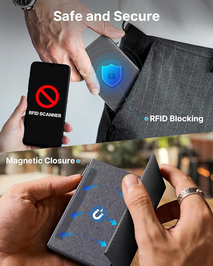 typecase Mens Wallet Card Holder: Pop Up Aluminum Case, Premium Genuine Leather, Smart, RFID Blocking, Slim, Minimalist, Front Pocket - 9-14 Cards Capacity | ID Window | Cash Slot (Deep Grey)