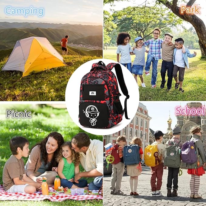 Bluboon Kids Backpack Boys Camo Bookbag Teens Elementary School Bag Daypack Travel Back Pack Middle school (Boy-red doodle)