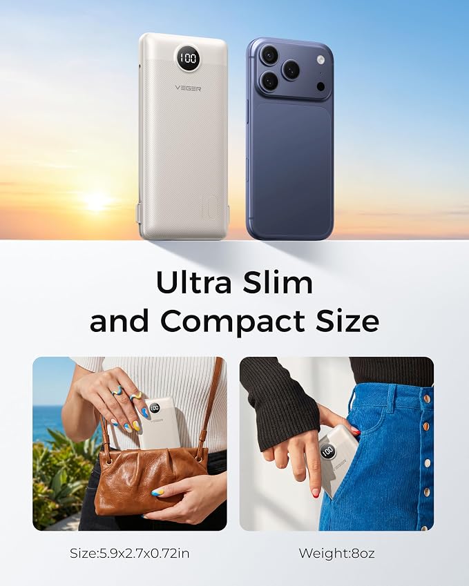 VEGER Portable Charger with Built-in AC Plug and Cables, All in One 10000mAh Ultra Slim Power Bank Emergency Fast Charging for Travel Battery Pack Compatible with iPhone, Samsung, Android, Coffee