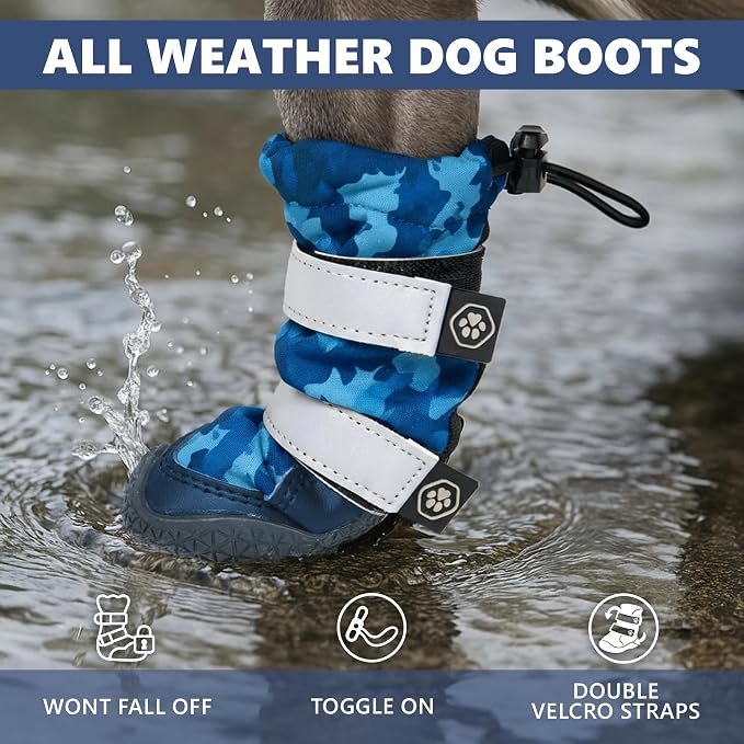Spark Paws Dog Rainboots, Waterproof Dog Shoes for Medium to Large Dogs, Non Slip, Dog Booties and Paw Protectors - 4PCS Doggie Hiking Boots with Reflective Straps - Blue Camo, Size 4