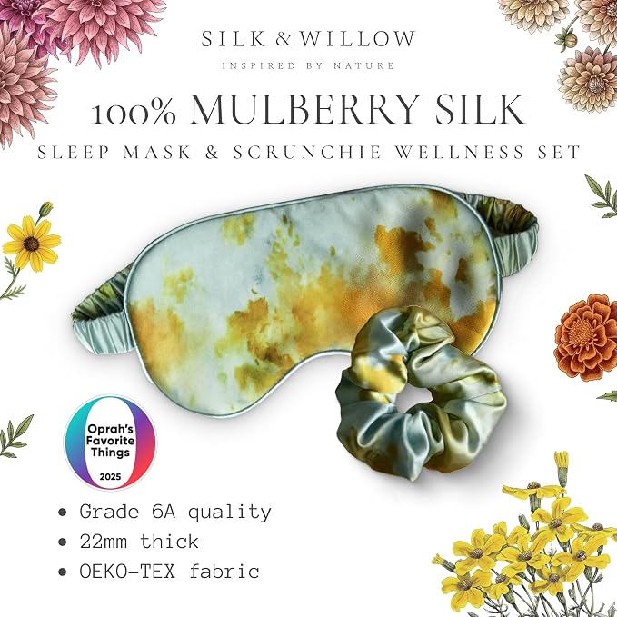 SILK & WILLOW - Botanical Print Pure Mulberry Silk Eye Mask & Scrunchie Gift Set, Luxurious Sleep Eye Mask & Hair Accessory Bundle, Durable Nature-Considerate Wellness Gifts for Women, Teal Marigold