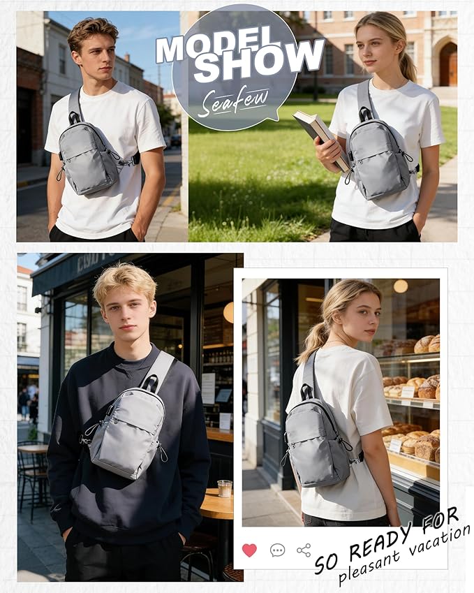 SEAFEW Small Sling Crossbody Backpack for Men Women, Lightweight Shoulder Chest Bag One Strap Back Pack for Hiking Walking Biking Travel Cycling USB Charger Port-Nylon, Grey