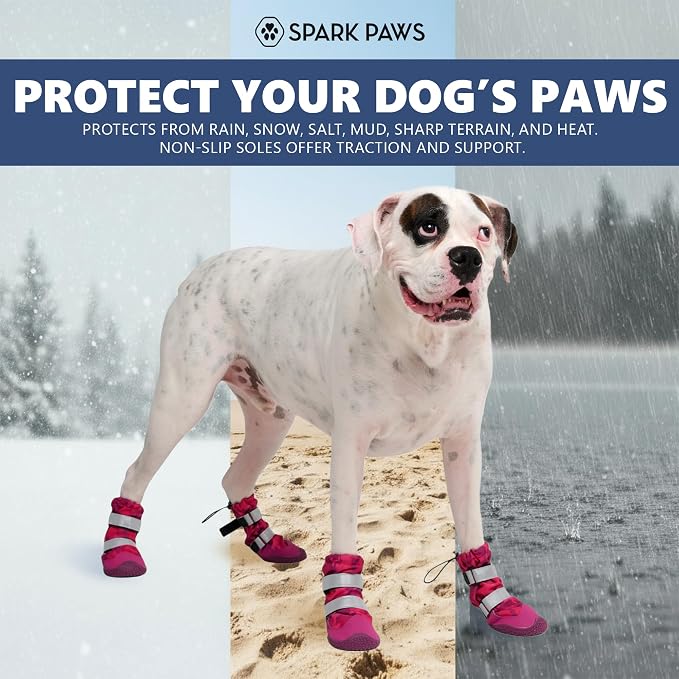 Spark Paws Dog Rainboots, Waterproof Dog Shoes for Medium to Large Dogs, Non Slip, Dog Booties and Paw Protectors - 4PCS Doggie Hiking Boots with Reflective Straps - Pink Camo, Size 8