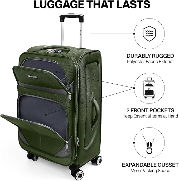 32'' Large Softside Suitcase,Expandable 15% Luggage,with Double Spinner Wheels and LOCK,Lightweight Travel Suitcase for Men/Women（Green-Grey,32in）