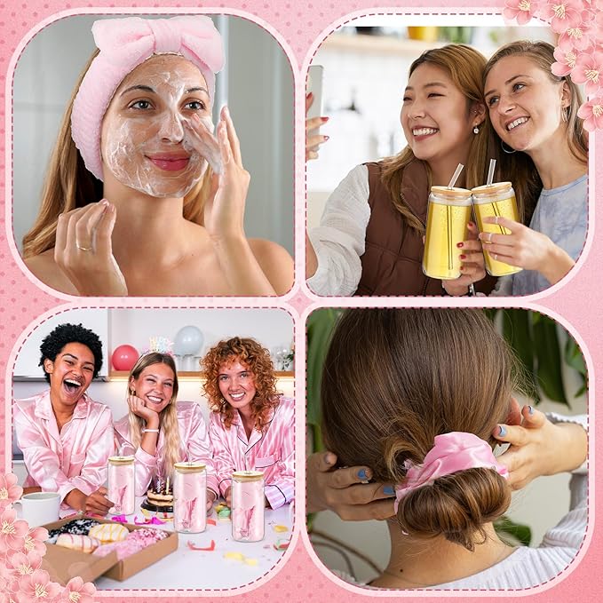 37 Pcs Spa Sleepover Party Supplies for Girls, 6 Set Spa Party Favors, Include Cups, Hairbands, Sleep Eye Mask, Headband, Brush, Tote Bags with Ribbon for Pink Sleepover Birthday Favors